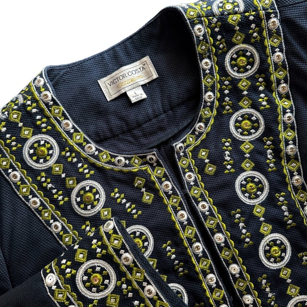 Victor Costa Womens Embroidered Blazer Size L Navy Embellished Textured Cotton